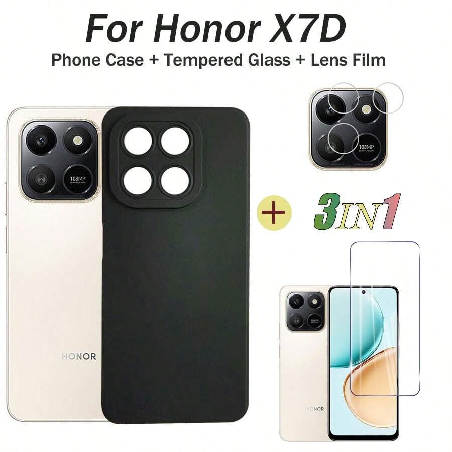 3合1 Honor X7D 手機殼 防震保護殼 + 鋼化玻璃貼膜 + 鏡頭貼膜 - 黑色 - 查看 1