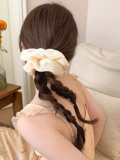 1个镂空针织发圈，蕾丝花朵发饰马尾辫发带，优雅配饰（适合所有季节，休闲、学习、日常佩戴）