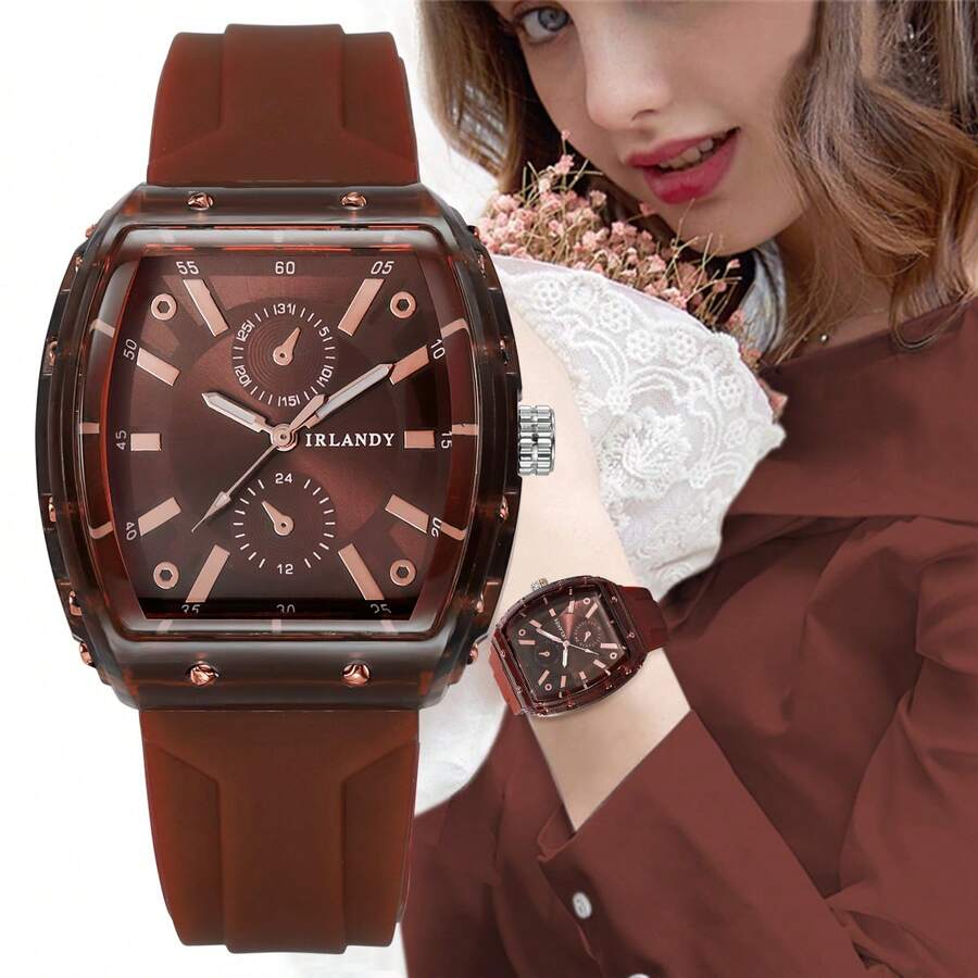 1件装女士硅胶桶形休闲手表，时尚优雅石英腕表，带数字表盘 - 棕色 - 查看 1