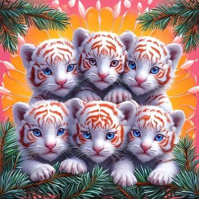 5D DIY Diamond Painting Kit - Six White Tigers, Full Round Diamond Mosaic Artwork Without Frame, Creative Handmade Home Office Wall Decor, Ideal Holiday Gift For Adults And Beginners