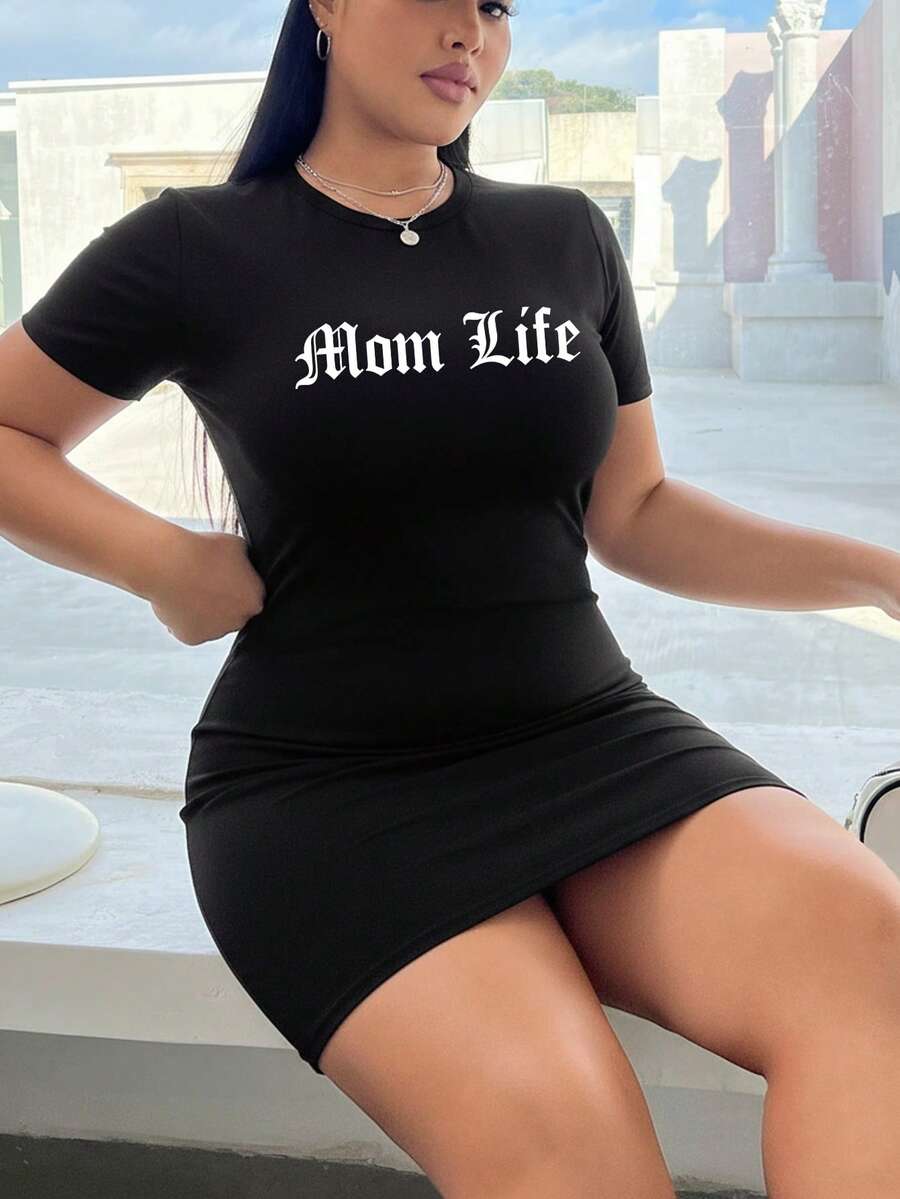 大码女式夏季时尚百搭连衣裙，饰有“妈妈生活”极简字母印花，黑色优雅 - 黑色 - 查看 1