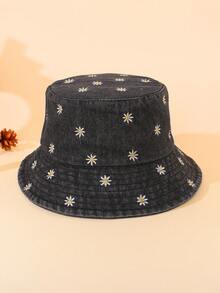 1 pieza Sombrero de cubo de mezclilla lavada con bordado de margarita de verano - 1PC - Ver 9