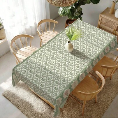 1pc Bohemian Style Light Green Floral Symmetrical Geometric Printed Tablecloth, European Retro Floral Pattern Dining Table Mat, 55.12*86.61in(140*220cm)/55.12*70.87in(140*180cm)/55.12*55.12in(140*140m)/35.43*55.12in(90*140m), Waterproof And Stain-Resistant Polyester Fabric, Suitable For Picnic, Camping, Party, Buffet, Home Decor, Table Decor, Kitchen Decor, DIY