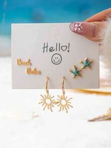 Bộ 3 đôi bông tai hình rùa biển và sao biển chủ đề kỳ nghỉ hè cho nữ, kiểu dáng bohemian tối giản, kiểu dáng đinh tán và thả, trang sức chủ đề đại dương. - Nhiều màu - Xem 2