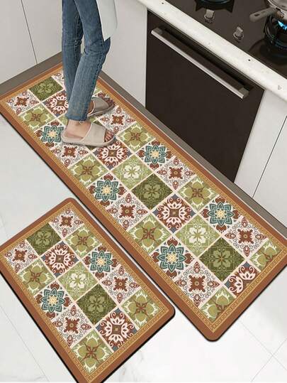 3,5 mm dicke weiche Gummi Küchenmatte, Vintage Landhausstil saugfähiger Küchenteppich, individuell anpassbare Größe, Oberflächengewebe, mittlere Schaumstoffschicht, untere Gummischicht, geeignet für Küche, Badezimmer, Waschraum, Flur, Wohnzimmer und mehr