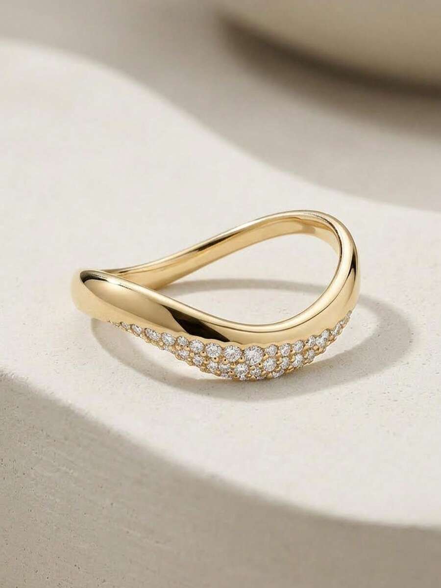 优雅独特的925纯银时尚简约波浪纹锆石戒指，适合女性日常佩戴，是表达爱意的理想礼物。 - chic zircon rings - 查看 1