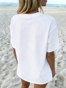 Plus Size Women's Round Neck Loose Short Sleeve T-Shirt With Starfish Print, Bohemian Style Oversized Ocean Animal Pattern Cropped Top, Suitable For Summer - White - View 5