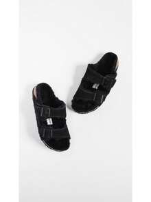Birkenstock PU Leather Black Solid Shearling Lined Casual Women's Flat Sandals - 黑色 - 查看 5
