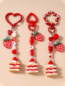1pc Heart Beaded Keychain, Strawberry Cake Keyring, Keychain, Bag Charm - Multicolor - View 3