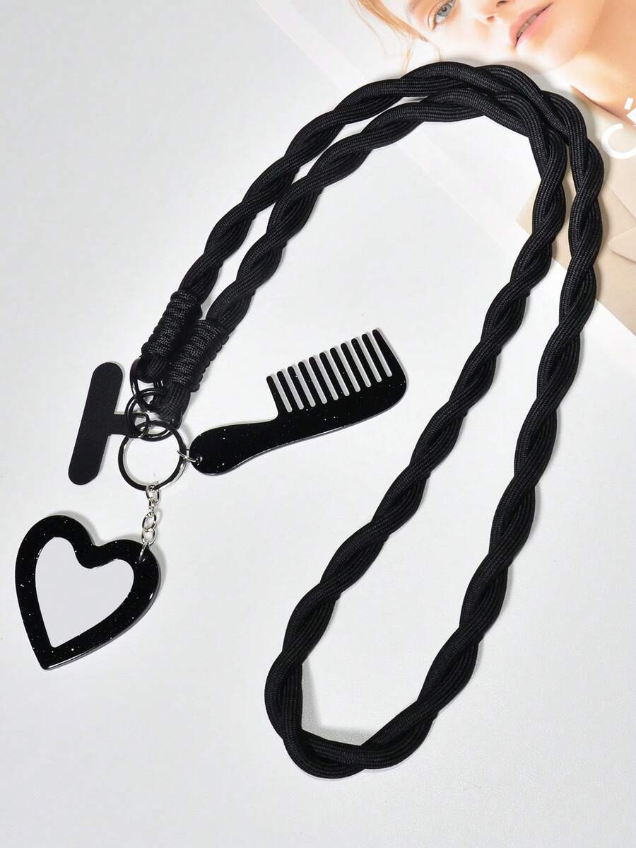 可爱黑色多功能挂绳套装，纯色尼龙编织手机防丢挂绳 + 黑色可爱迷你便携化妆镜梳子套装，亚克力心形化妆镜包挂饰，长款双头夹式相机挂绳，送给家人、妈妈、女友的生日周年纪念礼物