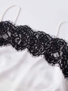 Women Y2k Lace Camisole Top Satin Square Neck Side Split Cami Silk Sleeveless Spaghetti Strap Loose Going Out Tank Backless Nightgown Sleepwear Sliky Short Wedding Nightgown,Party Streetwear,Rave Outfit,Club Outfits,Beach Vacation Outfits,Summer Going Out Tops,Spring Break Outfits,Country Concert Outfit - Black and White - View 9