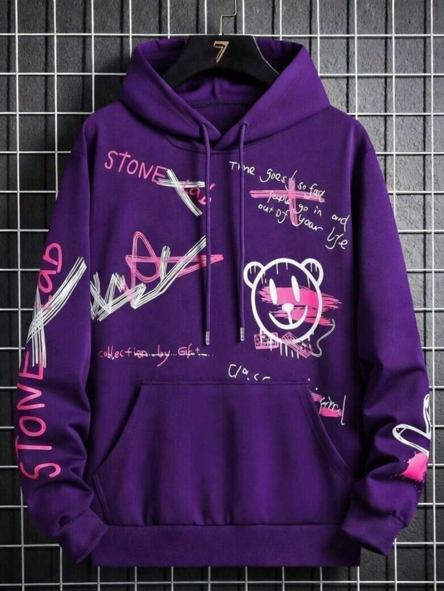 Streetwear Kangaroo Hoodie With Various Prints - Purple - View 1