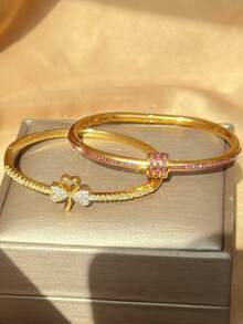 18K Gold Plated Stainless Steel Heart Jewelry Set For Women, Gold Bangle, Ins Style Shiny Zirconia Layered Bracelet, Mother's Gift, Christmas, Thanksgiving, Halloween, Wedding Jewelry, Anniversary, Valentine's Day Gift, Boho Style Daily Party - Multicolor - View 8