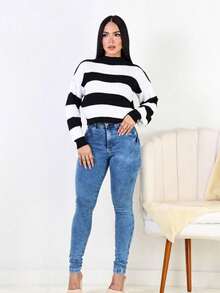 Women's Striped High Neck Knit Sweater, Winter Blouse - 黑色 - 查看 3