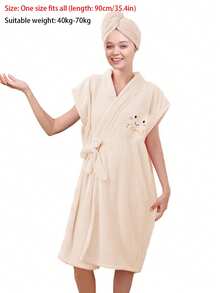 Bộ 2 áo choàng tắm nữ, áo choàng spa thắt eo, áo choàng ngắn tay thêu hoạt hình bằng vải lông san hô, trang trí nhà cửa và phòng tắm, mùa hè, mùa tựu trường. - Nhiều màu - Xem 10