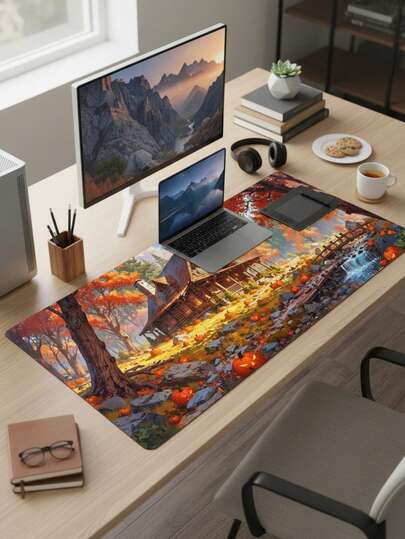 Large Size Waterproof Non-Slip Smooth Cloth Surface Autumn Cabin Pumpkin Illustration Pattern Mouse Pad, Also Suitable As Keyboard Pad, Desk Mat Or Book Stand, Suitable For Gamers, Office And Dorm Use, Compatible With Mouse And Trackball, Great Gift For Gamers
