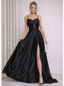 Bridesmaid Dress For Parties, Graduations, And Guests, Princess Style, Satin With A Braided Back. - Black - View 3
