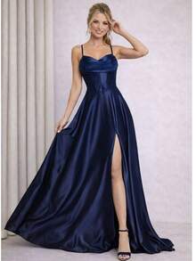 Bridesmaid Dress For Parties, Graduations, And Guests, Princess Style, Satin With A Braided Back. - Navy Blue - View 1