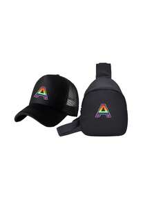 2件套儿童26字母印花卡车司机帽和胸包套装，时尚休闲遮阳帽，方便的迷你零钱包，适合女孩返校日常穿着 - 黑色 - 查看 4