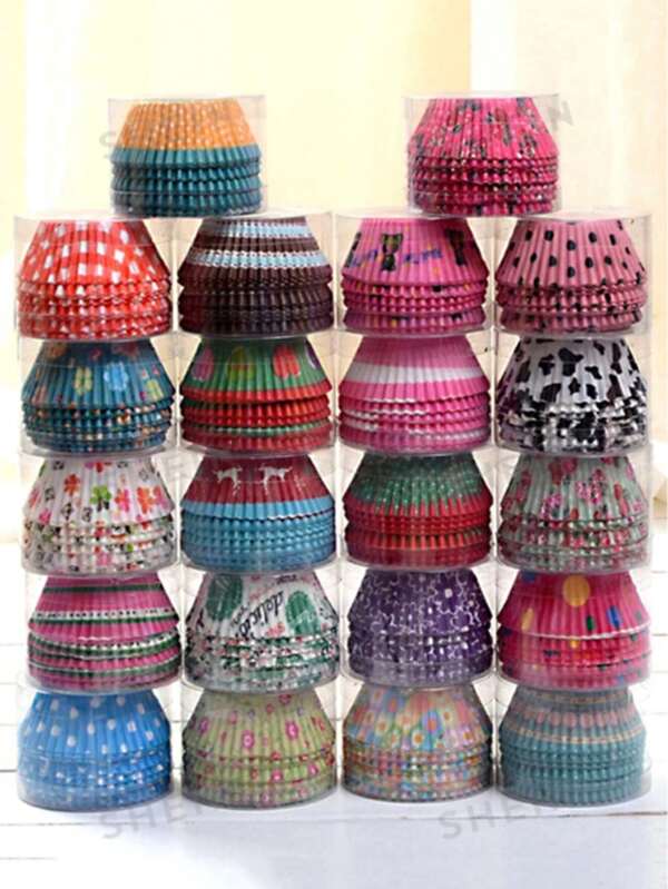 100 piezas/paquete Moldes para cupcakes con estampados aleatorios, Tazas de papel para muffins resistentes a la grasa