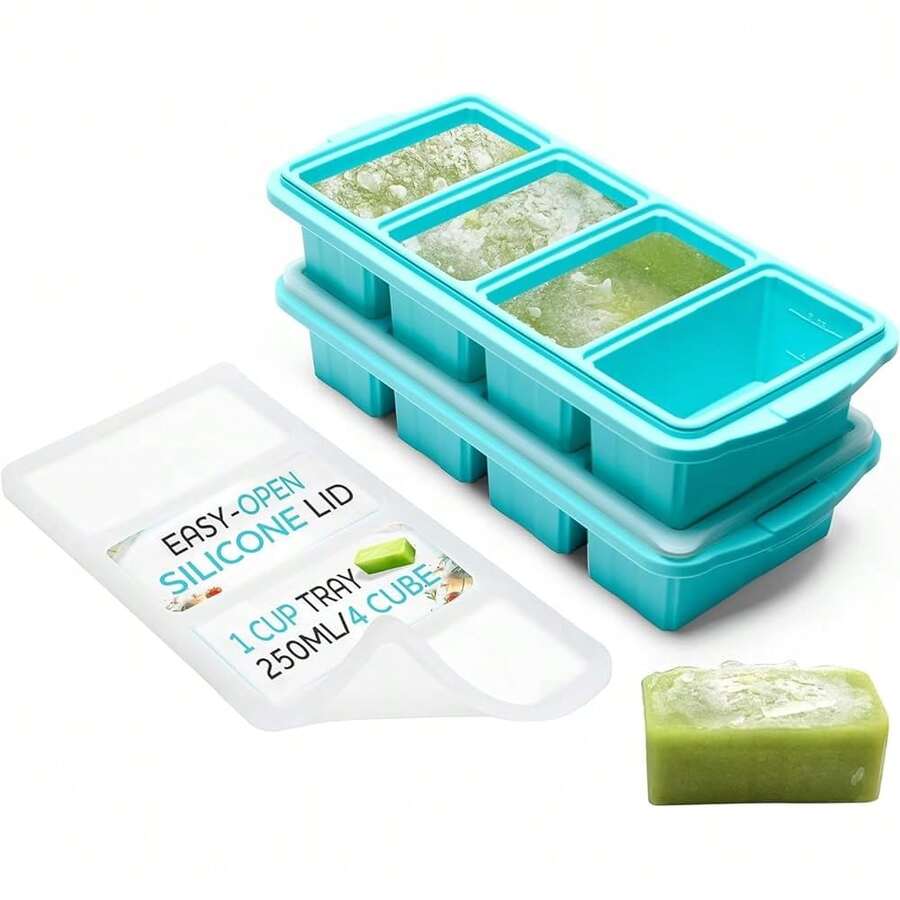 Silicone Freezer Tray With Lid - Soup Freezer Container Molds - Large Ice Cube Tray- Makes 8 Perfect 1 Cup Portions Cubes, 2-Pack Freezer Storage Food Soups & Meal Prep - Oven & Dishwasher - - 1 cốc - Xem 1