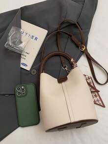 New Stylish Color Block Tote Bag With Scarf Decor, Spacious Bucket Bag Design With Sophisticated Vibe - Coffee Brown - View 11