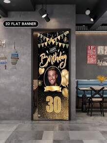1pc Customizable Polyester Birthday Banner, Luxury Black Gold Birthday Banner, 2D Flat Durable Printed Poster, Personalized Birthday Custom Photo Age Poster, Door Decor Personalized Photo And Design, Multifunctional Personalized Logo Background Cloth, Custom Flag, Washable, Lightweight - Multicolor - View 4
