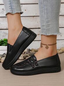 Van Skr Soft-Soled Leather Slip-On Shoes For Middle-Aged & Elderly Mothers, Comfortable Retro Patchwork Loafers, Casual Walking & Commuting Shoes - Black - View 4