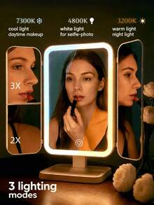 3-Fold LED Makeup Mirror, 1X/2X/3X Magnification, USB Rechargeable Vanity Mirror, 3 Lighting Modes, Touch Brightness Adjustment, Portable Folding Compact Travel Mirror, Durable Hard Shell Design, Suitable For Dorm, Office And Bedroom - Multicolor - View 4