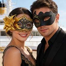Unisex Masquerade Mask, Carnival And Venetian Costume Mask, Women's Side Flower Eye Mask, Suitable For Christmas, Halloween, Costume Party, Couple Masquerade Ball Mask Set, Venetian Party Mask - Gold - View 4