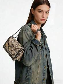 1pc Snake Skin Magnetic Closure Square Shoulder/Crossbody Bag With Chain Strap, Embroidered Solid Color Chain Strap Women's Handbag With Fish Bone Embroidery, Suitable For Work And Dates - Khaki - View 3