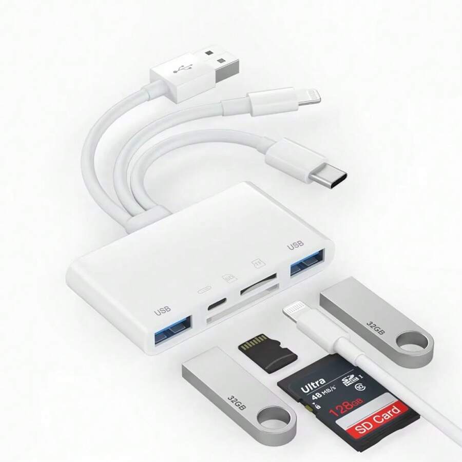 Tangle-Free 5-In-1 Storage Card Reader With USB A And Charging Port, 1pc 5-In-1 Storage Card Reader With USB A And Charging Port, Compatible With IPhone 17 Pro Max/17 Pro/17/Air/16/15/14/13/12/11/XS/XR/8/7/6, Android, PC, Tablets, Cameras, Hard Drives, Flash Drives Lightning + USB A + USB-C To SD Card Reader Easter Spring Gift - White - View 1