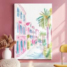 1pc Blue Summer Wall Art, Beach Decor, Ocean Framed Wall Art, Wrapped Canvas Poster Vintage Prints, Street Scene, Buildings, Palm Trees - Modern, Impressionistic, Watercolor, Vibrant Style, Home Living Room Bedroom Ofice Wall Decor, Birthday Party Decor, Hanging Hardware Included - Wrapped Framed Canvas, Vertical - Lienzo enmarcado - Ver 4