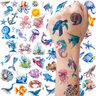 FTVLTAT 60pcs Ocean Animal Themed Temporary Tattoos - Includes Dolphins, Sharks, Whales, Jellyfish, Starfish, Turtles, Crabs, Octopus And Other Marine Elements - Perfect For Bedtime, Birthday Parties, Beach Fun, Body And Arm Art Makeup Stickers, Waterproof And Lasting 2-5 Days