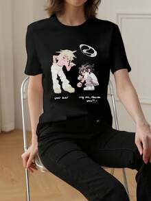 2026 Summer New Women's Round Neck Casual Loose Anime Style Graphic Print Y2K Aesthetic Short Sleeve T-Shirt - Black - View 3
