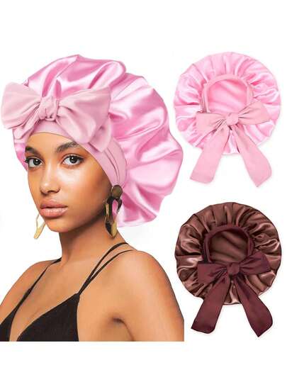 Pink Satin Bow Hair Cap, Hair Accessories, Hair Care Products, Hair Styling Tools, Hair Dryer, Barber, Barber Supplies, Barber Equipment, Travel Essentials, Hairstyle, Haircut, Travel, Light Brown Satin Sleep Cap, Pink Loose Satin Sleep Cap