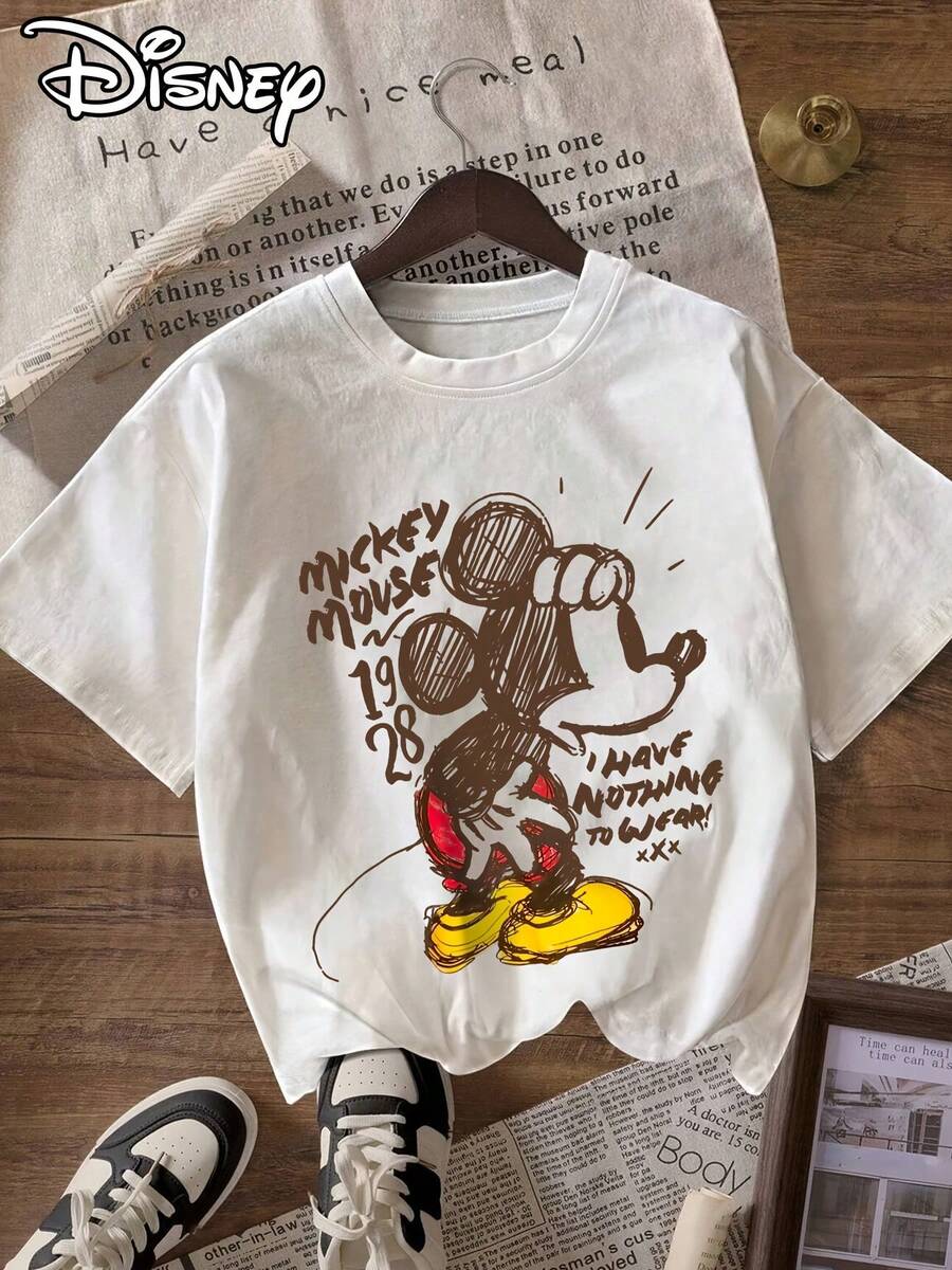Women's Disney Mickey Mouse & Mickey Ears Letter Print T-Shirt - Mickey Short Sleeve Round Neck Casual Summer Tee Suitable For Spring Summer Fall Casual Attire Gift - White - View 1
