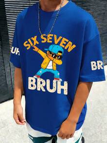 青少年男童休闲彩色“Bruh”字母和酷炫男孩图案圆领短袖T恤，新款春夏男童图案T恤 - 藍色 - 查看 9