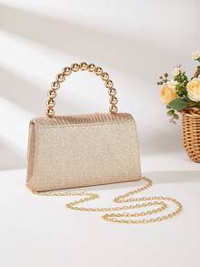 闪亮褶皱晚宴包，饰以水钻花朵和珍珠手柄——婚礼和派对的完美之选 - 金色 - 查看 6