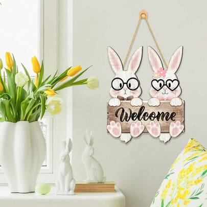 1个2D平面木质复活节兔子欢迎牌，木质复活节兔子墙饰，春季兔子农舍风格前门悬挂装饰，适用于厨房、家居和户外