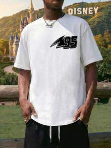 Men's White Pullover Short Sleeved T-Shirt, Features The Disney McQueen 95 Letter And Cars McQueen Fashion Graphic Design, Round Neck Casual And Comfortable T-Shirt, Breathable And Light, Suitable For Sports And Leisure Wear, Suitable For Gifts, Suitable For Parties. - White - View 2