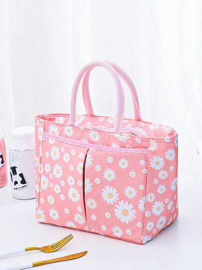 1pc New Fresh Japanese Style Daisy Handbag, Cute Cherry Print Lunch Bag, Multifunctional Insulated Cooler Bag, Fashionable Bento Bag For School And Office, Great Gift For Friends
