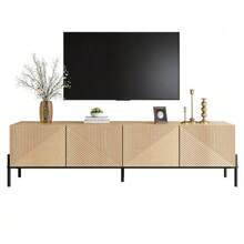 Moderner TV-Schrank,TV-Lowboard, 4 Türen Aufbewahrung,Geometrisches Design, 3D-Textur,Modernes Wohnzimmer Möbel - Natural - View 3