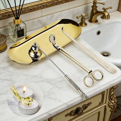 Juego de 4 en 1 de herramientas doradas/plateadas para velas, que incluye un recortador de mecha, un apagador de mecha, un sumergidor de mecha y un juego de herramientas de tapa de vela de acero inoxidable, un set de accesorios para velas para amantes de las velas