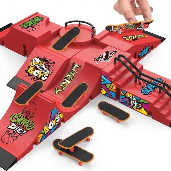 6-In-1 Fingerboard Ramp, Mini Finger Skateboard Ramp, Fingerboard Training Prop, Interactive Freestyle Skateboard Game, Random Color Skateboard Pattern And Wheel Accessories