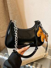 Designer Damen Mode Nische elegante tragbare Umhängetasche, schicke Crossbody Unterarm einfarbige Kette Mini Halbmond Tasche - Schwarz - Übersicht 6