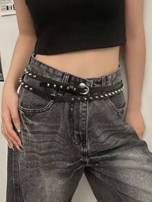 1条Y2K暗黑风格双层细腰带，加长款，配有朋克金属扣和铆钉，适合日常穿着 - 黑色 - 查看 8