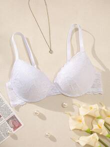 Hersunei 性感蕾丝女士内衣套装，舒适钢圈聚拢文胸 - 白色 - 查看 3