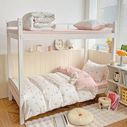 四件套鼠尾草花卉图案被套床单套装，柔软水洗美学床上用品套装，可爱植物叶子印花被套，田园风宿舍装饰