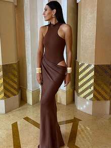 Rochie lungă elegantă maro pentru femei, cu umeri goi, din satin plisat, rochie sexy de cocktail pentru nuntă, bal - Maro - Vizualizare 5